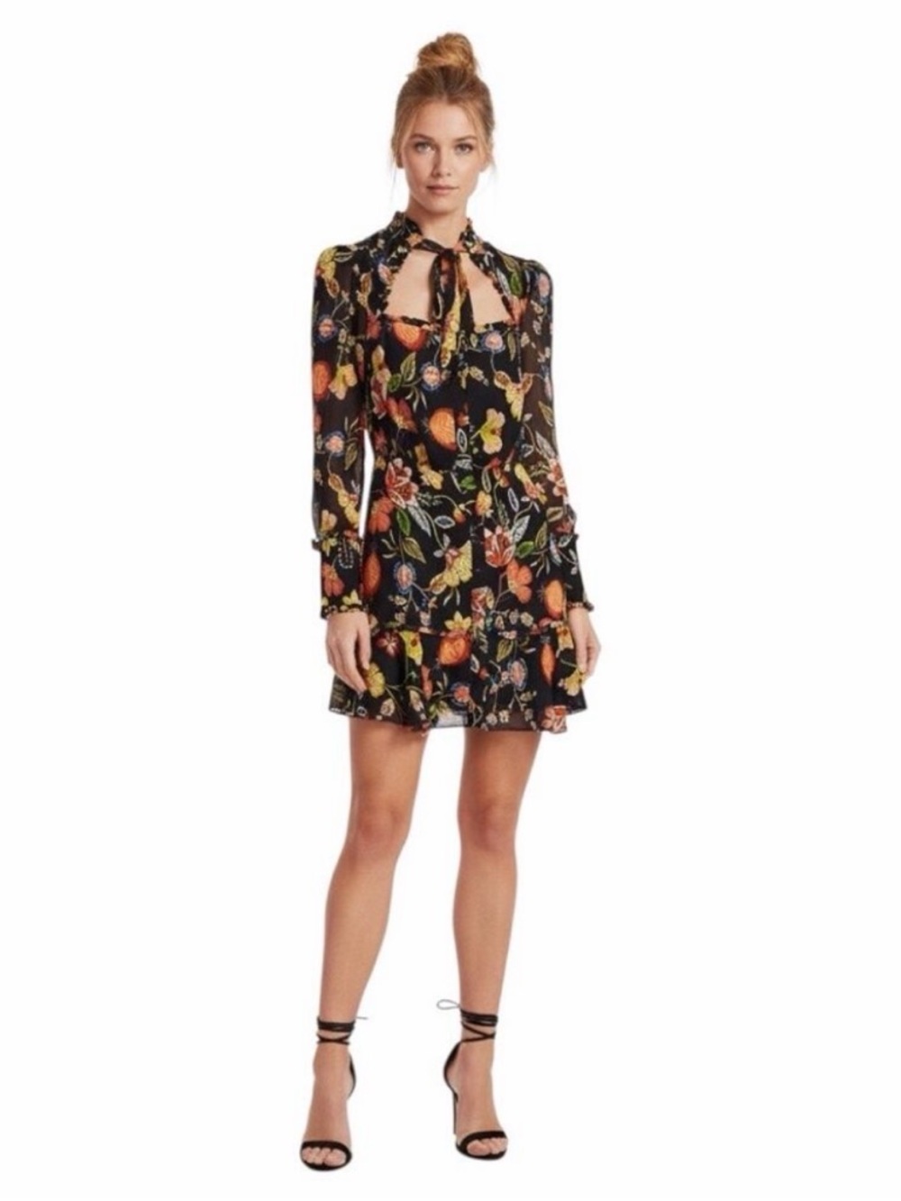 Alexis Morgana Black Floral Keyhole Tie-Front Mini Dress w/ Ruffles. Size XLarge